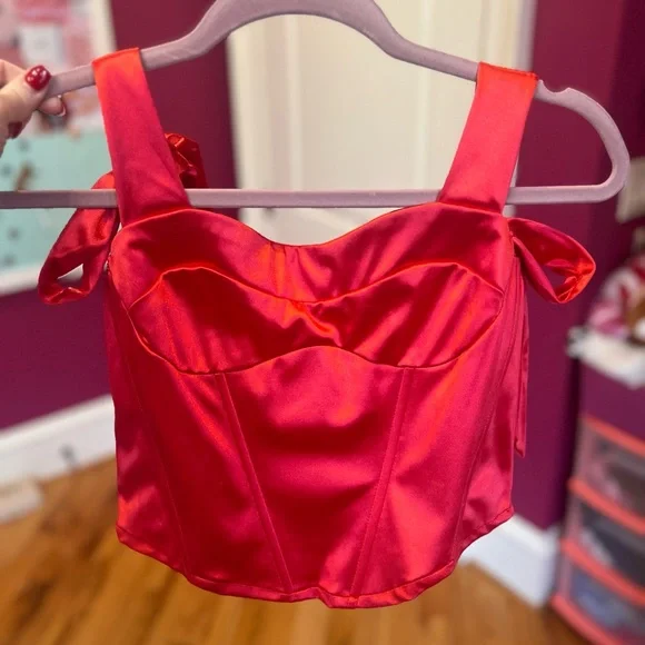 Red Satin Shoulder Tie Corset Top - Picture 1 of 6